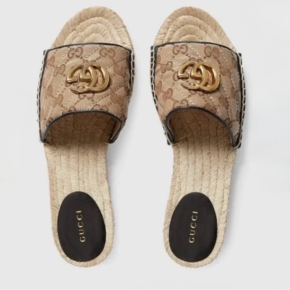 Gucci Tan Canvas Espadrille Slides with Gold Emblem